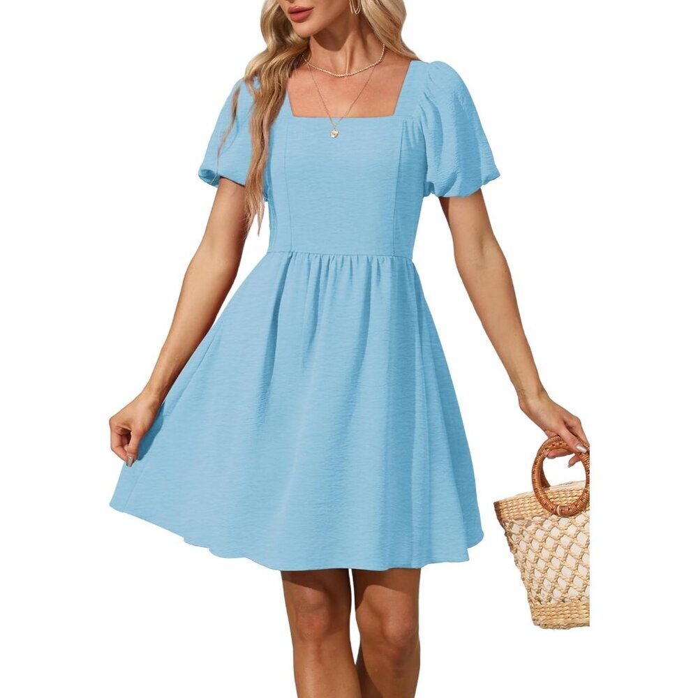Ofeefan Women Baby Blue Puff Sleeve Square Neck Tie in Back Dresses with Zipper